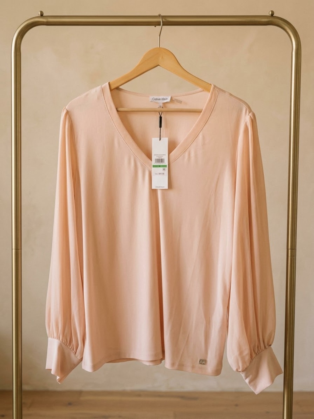 NWT Calvin Klein Blush Pink Chiffon Balloon Sleeve V-Neck Blouse Size L